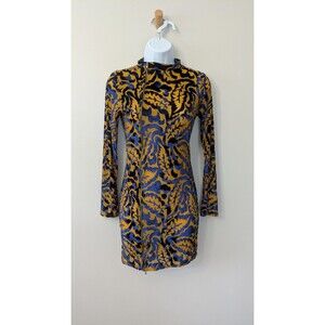 Vtg 90s Y2K Velvet Burnout Dress M Bodycon Retro Sheer Long Sleeve Zip Front